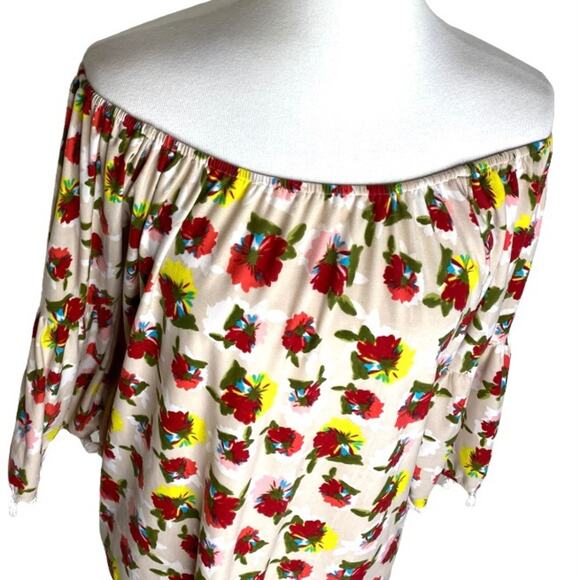 Umgee Soft Floral Off- Shoulder Boho Floral Blouse with Tassel Sleeves - Picture 3 of 10